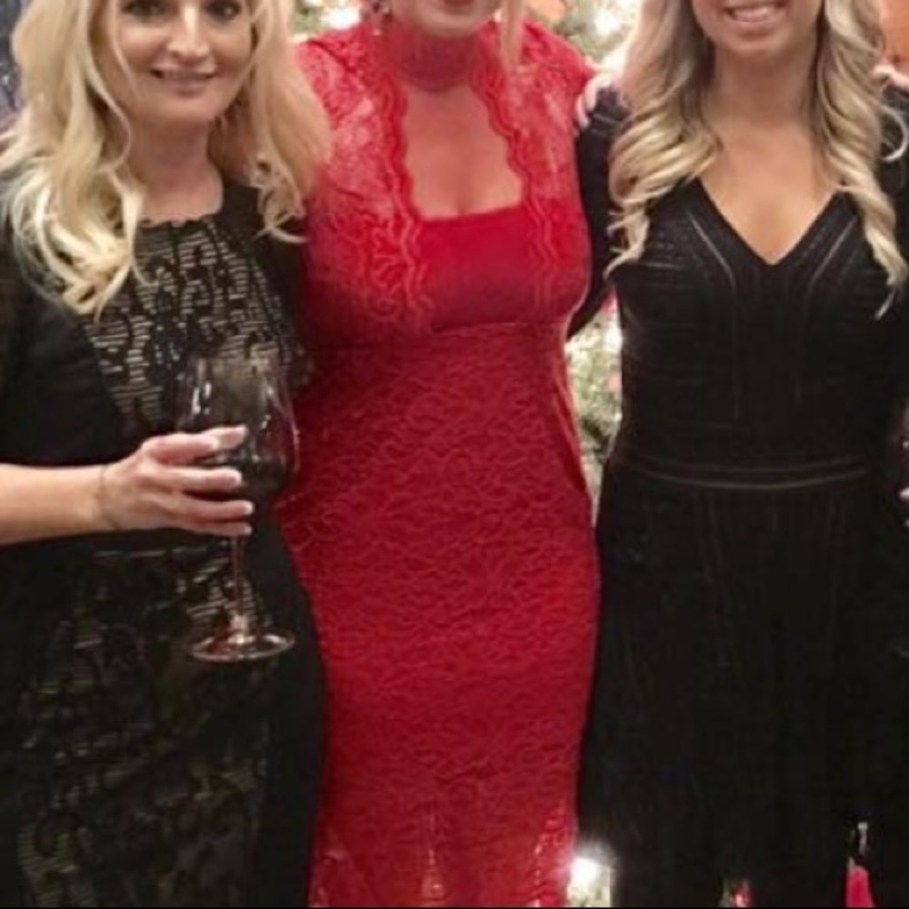 Red mock neck lace dress